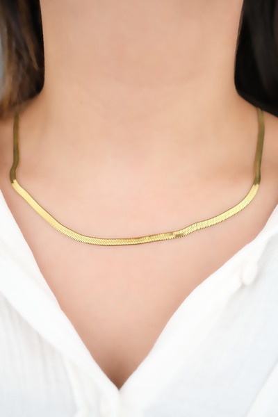 Women's Yellow Steel Italian Crushed Chain Necklace - Non-Tarnish Flat Necklace
