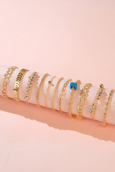Women's 10-Piece Yellow Plated Multi-Chain Bracelet Combination Set