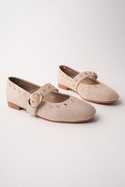 Zena Gold Buckle Studded Leather Women's Ballerina Shoes