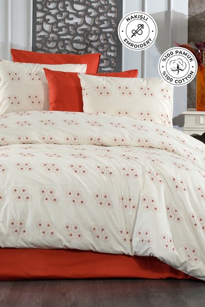 Embroidered 100% Cotton Akfil Duvet Cover Set Double 3-Piece Luxury Quality Dowry Set Cream / Orange