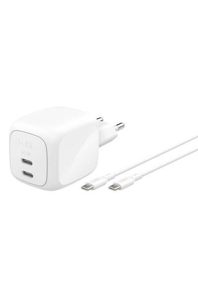 BoostCharge Pro 2-портен USB-C GaN полнач 67 W, вклучен 2M USB-C кабел, бел