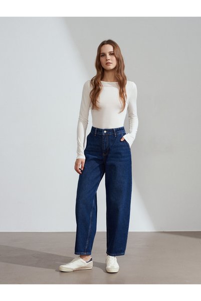72284 100% Cotton High Waist Jeans-Navy Blue