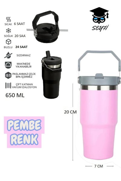 Steel Thermos with Straw and Handle Wide Top 650 ml