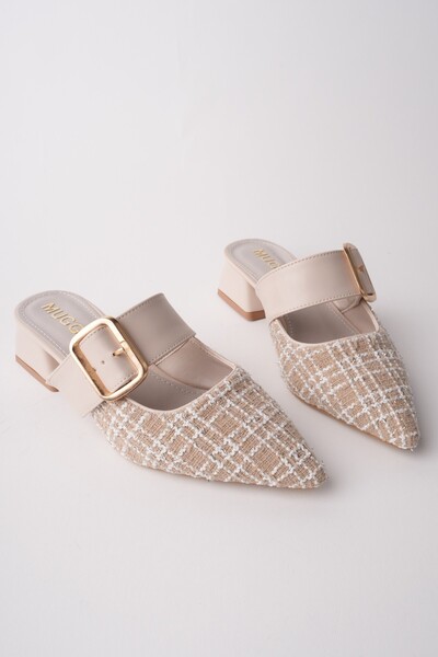 Desti̇ny Gold Buckle Single Strap Pointed Toe Women's Heeled Slippers