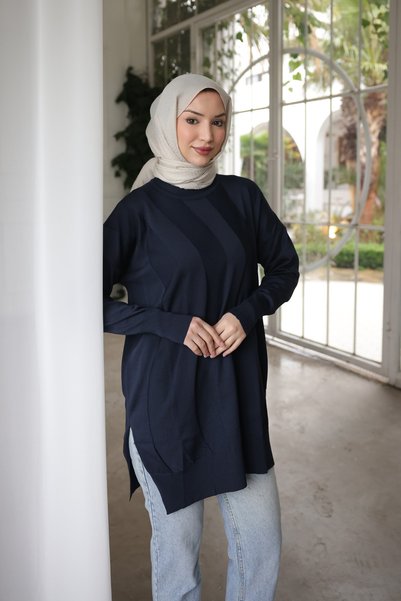Navy Blue Crew Neck Cold Thread Knitwear Tunic