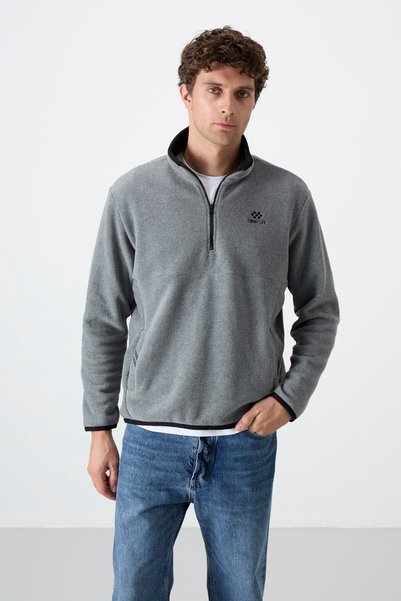 Gray Melange Half Zipper Sweatshirt Slim Fit Stand Collar Men's Fleece - 87891