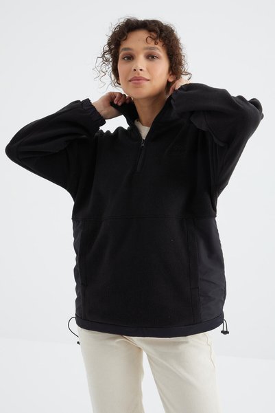 Black Half Zipper, Gathered Hem, High Collar, Standard Fit Women's Fleece Sweatshirt - 97236