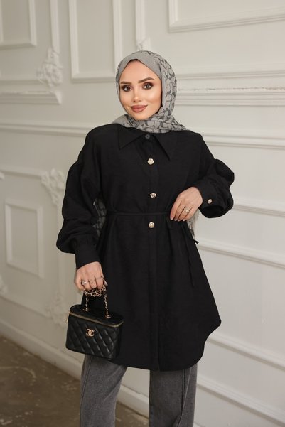 Black Self-Detailed Shirt with Patterned Strands