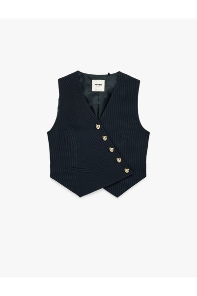 Buttoned Sleeveless Asymmetrical Double-Breasted Neckline Vest with Metal Accessories