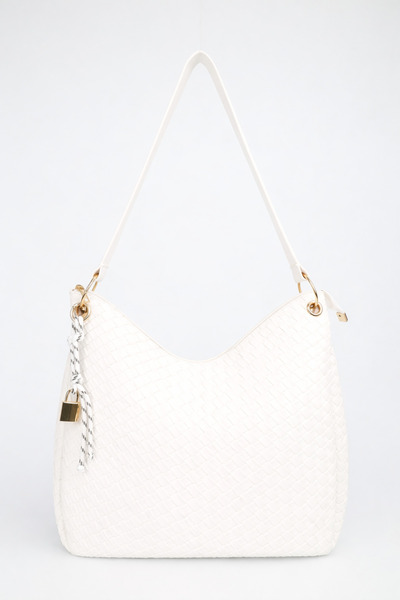 Women's Braided White Charm Detailed Zipper Closure Hand and Shoulder Bag Toli