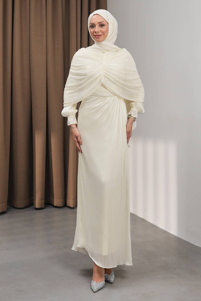 Cream Draped Front Detachable Cape Evening Dress
