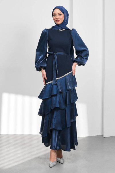 Navy Blue Belt Piece Evening Dress with Stones on the Collar and Skirt
