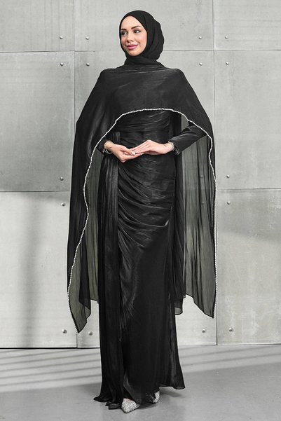 Black Pearl Cape Front Gathered Evening Dress