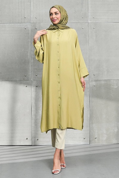 Olive Tunic with Slit Buttons on the Sides