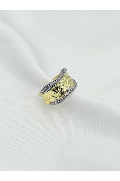 Steel Double Color Gold Textured Stone Detail Adjustable Design Ring