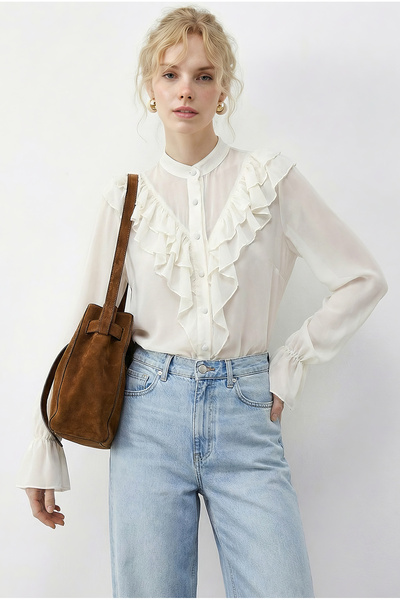 Women's Cream Flywheel Detailed Transparent Chiffon Shirt 0945 60283964
