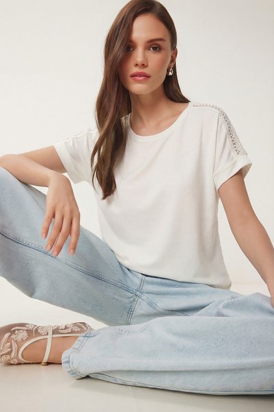 Guipure Detailed Viscose T-Shirt Lrn0006 Ekru