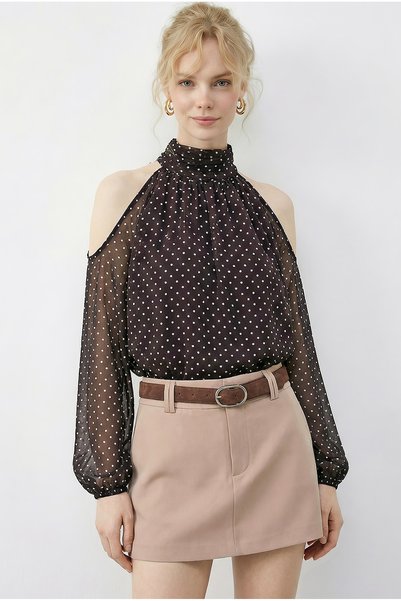 Women's Bitter Brown Polka Dot Off-The-Shoulder High Neck Chiffon Blouse 0906 60283967