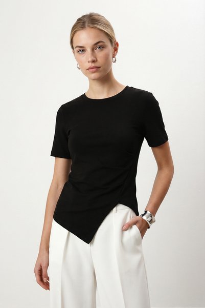 Women's Joyce Asymmetrical Detailed Black T-Shirt / Blouse