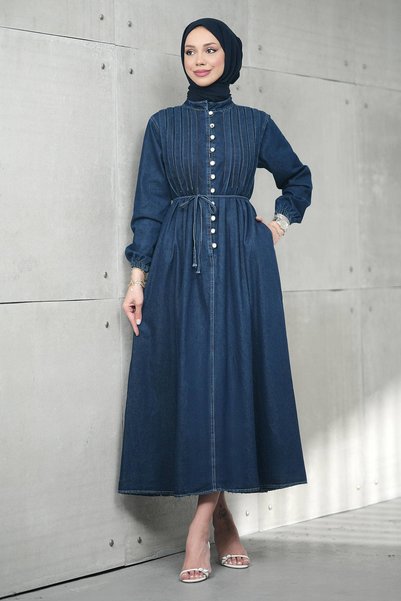 Navy Blue Half-Buttoned Pleated Denim Dress
