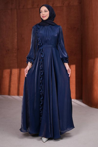 Navy Blue Bel Belt Piece Ruffled Janjan Evening Dress