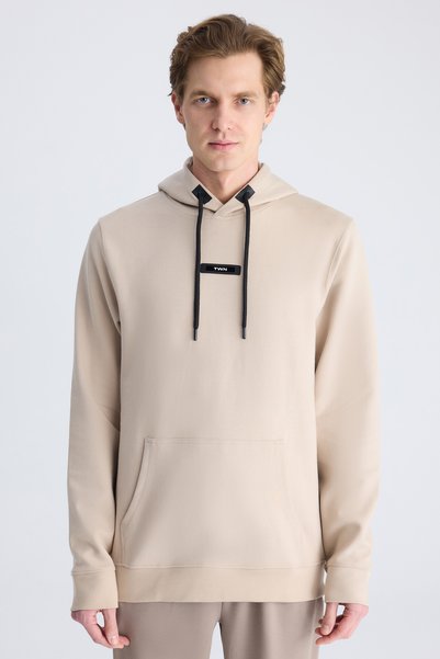 Slim Fit Beige Plain Knit Cotton Sweatshirt