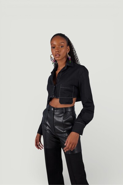Crop Shirt with Chest Pocket Black