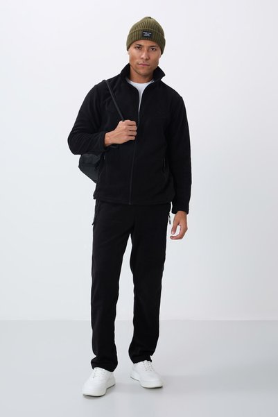 Black Mock Neck Basic Zipper Pocket Standard Fit Men's Fleece Tracksuit Set - 85193