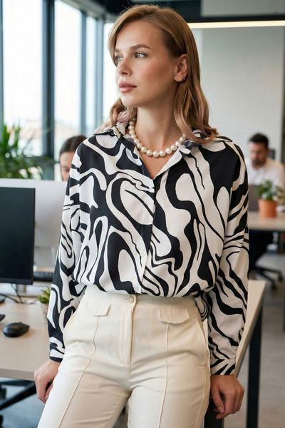 Women's Black Patterned Oversized Long Basic Shirt Arm-22Y001148