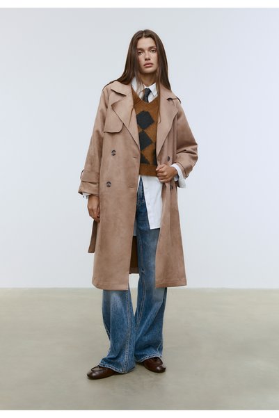 Long faux suede trench coat