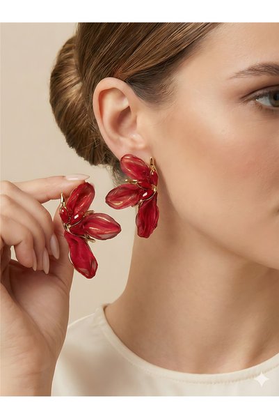 Burgundy Tulle Detailed and Crystal Stone Flower Earrings