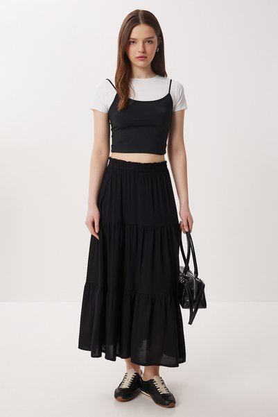 Flounced Summer Long Viscose Skirt Lrn0008 Black