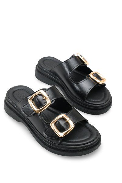 Talitha Aria Women's Double Buckle Slippers 0012410 Black Rustic