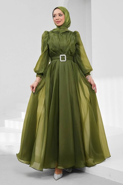 Oil Green Balloon Sleeve Draped Evening Dress