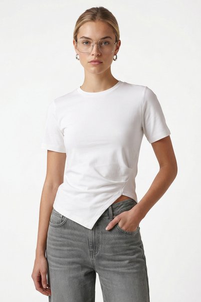Women's Joyce Asymmetrical Detailed Ecru T-Shirt / Blouse