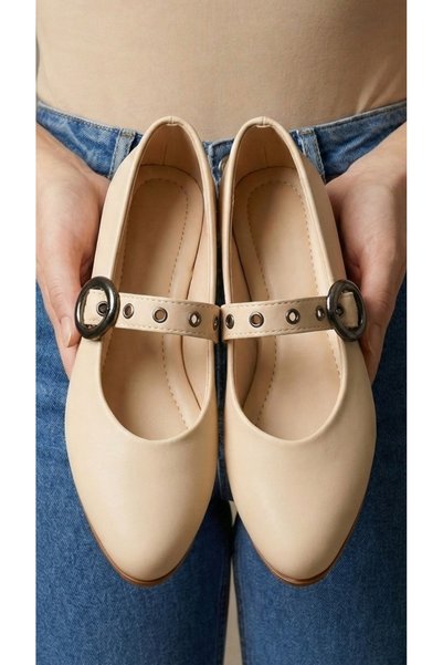 Women's Beige Metal Buckle Leather Ballerinas 1cm Byndmtf05