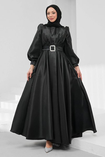 Black Balloon Sleeve Draped Evening Dress