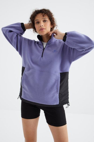 Light Purple Half Zipper Skirt Hem Gathered Stand Collar Standard Fit Women's Fleece Sweatshirt - 97236