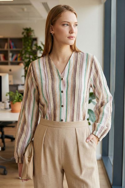 Women's Beige Elastic Sleeve Wrap Shirt ARM-24K001002