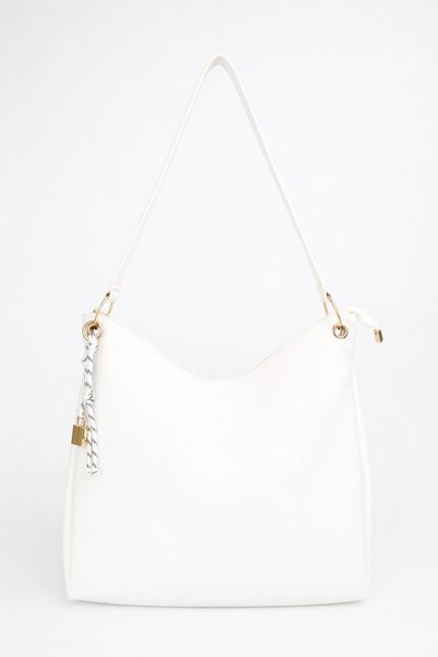 Women's Patternless White Charm Detailed Zipper Closure Hand and Shoulder Bag Toli