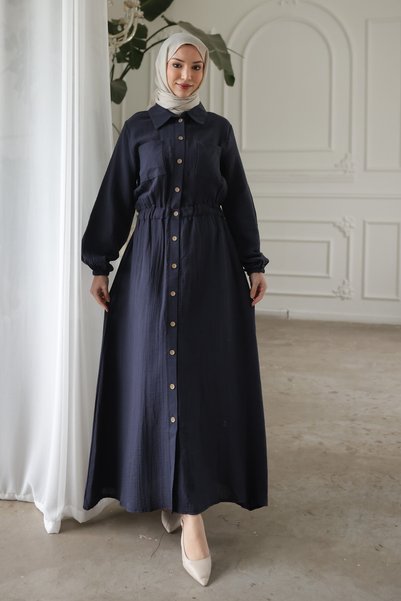 Navy Blue Double Buttoned Dress with Elastic Sleeves and Waist Pocketed