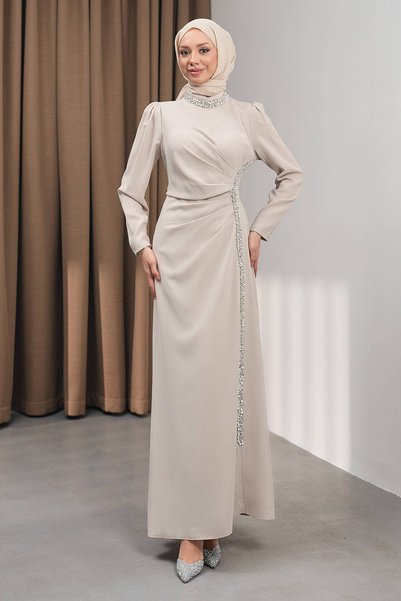Stone Draped Front Jeweled Evening Dress