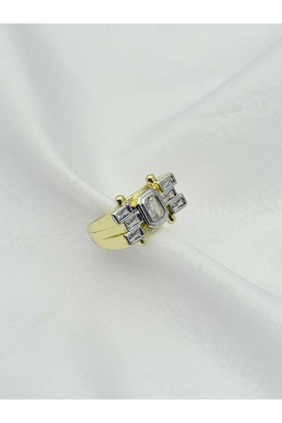 Steel Two-Tone Stone Geometric Adjustable Design Ring