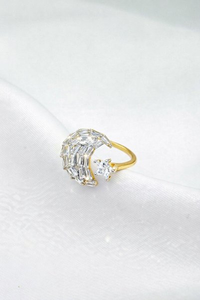 Steel Gold Baguette Stone Moon Star Adjustable Design Ring