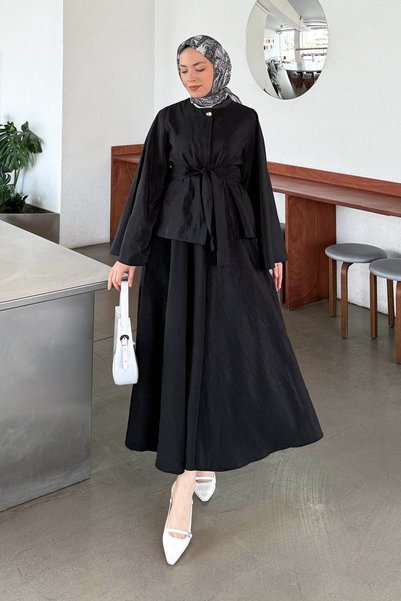Lace-Up Skirt-Blouse Two-Piece Set Black