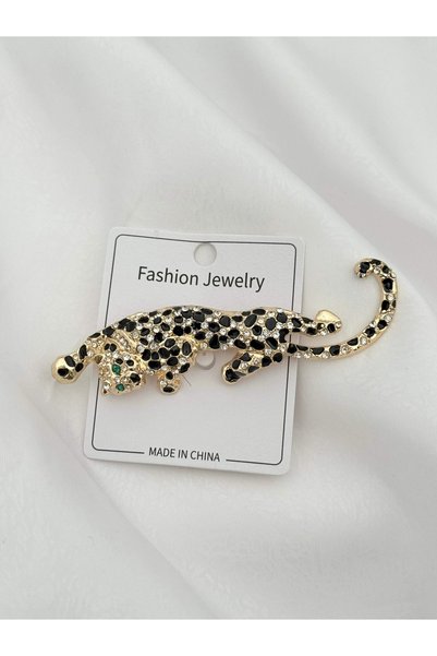 Stone Leopard Figure Brooch – Black & Gold Sparkling Design