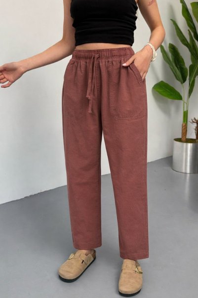 Women's Elastic Waist Loose Tile Linen Pants