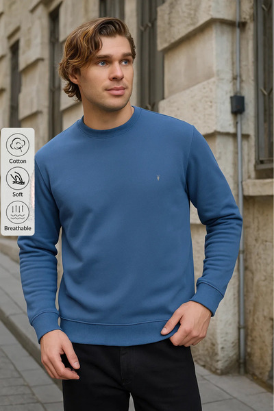 Indigo Color Basic Crew Neck Men's Sweatshirt