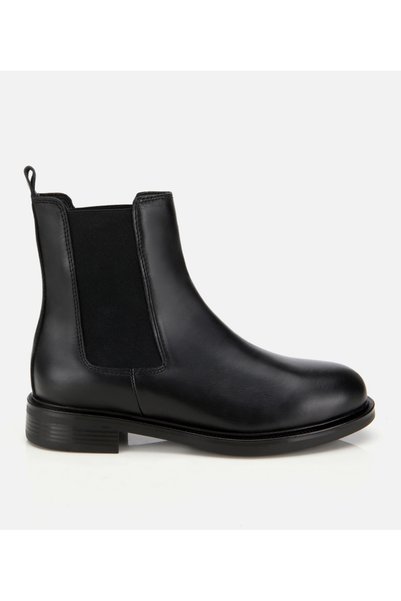 Women's Leather Black Rubber Detailed Flat Boots