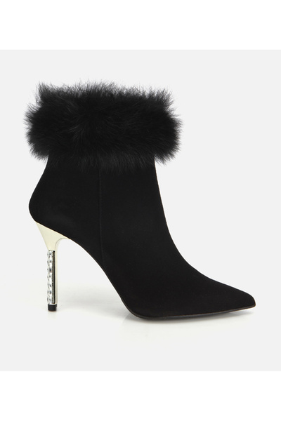 Women's Suede Leather Feather Detailed Thin Heeled Boots